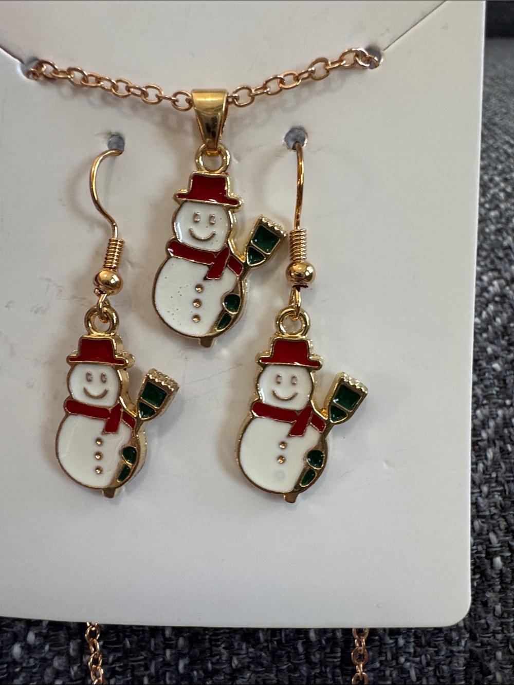 Festive Snowman Pendant Necklace and Earring Set - Gold with Red & Green Accents